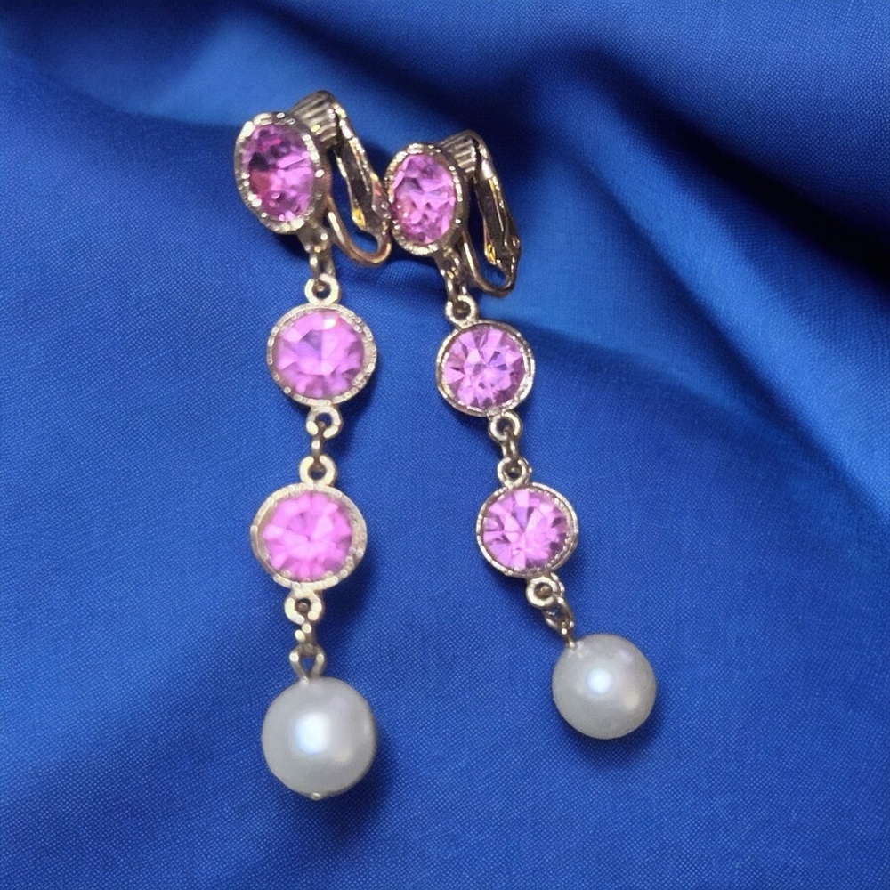 Elegant Pink Bezel Set Rhinestone Crystal and Gold Tone Drop Dangle Earrings - Picture 2 of 3